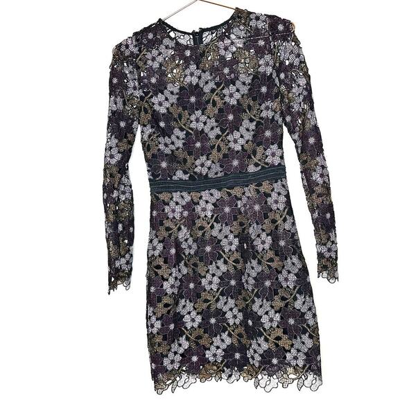 CYNTHIA ROWLEY Linden Purple Black Lace Floral Bell Sleeves Mini Dress Size 4 - Picture 3 of 13